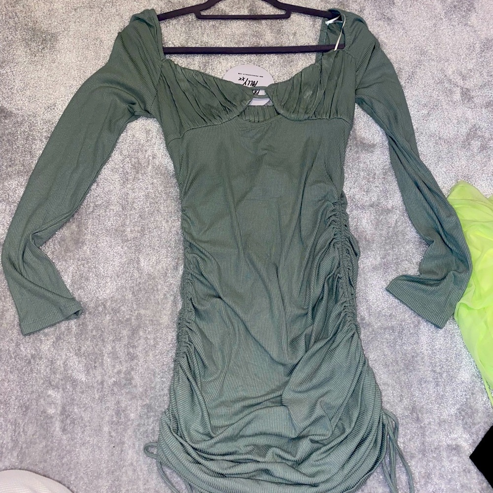 Army green cup dress with ties on the sides